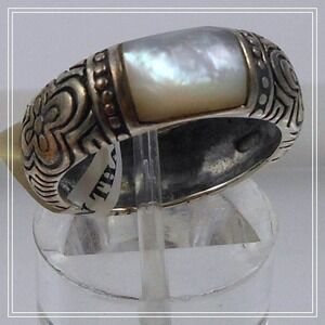 Vintage Sterling Silver Mother of Pearl Ornate Floral Scroll Band Ring Size 6